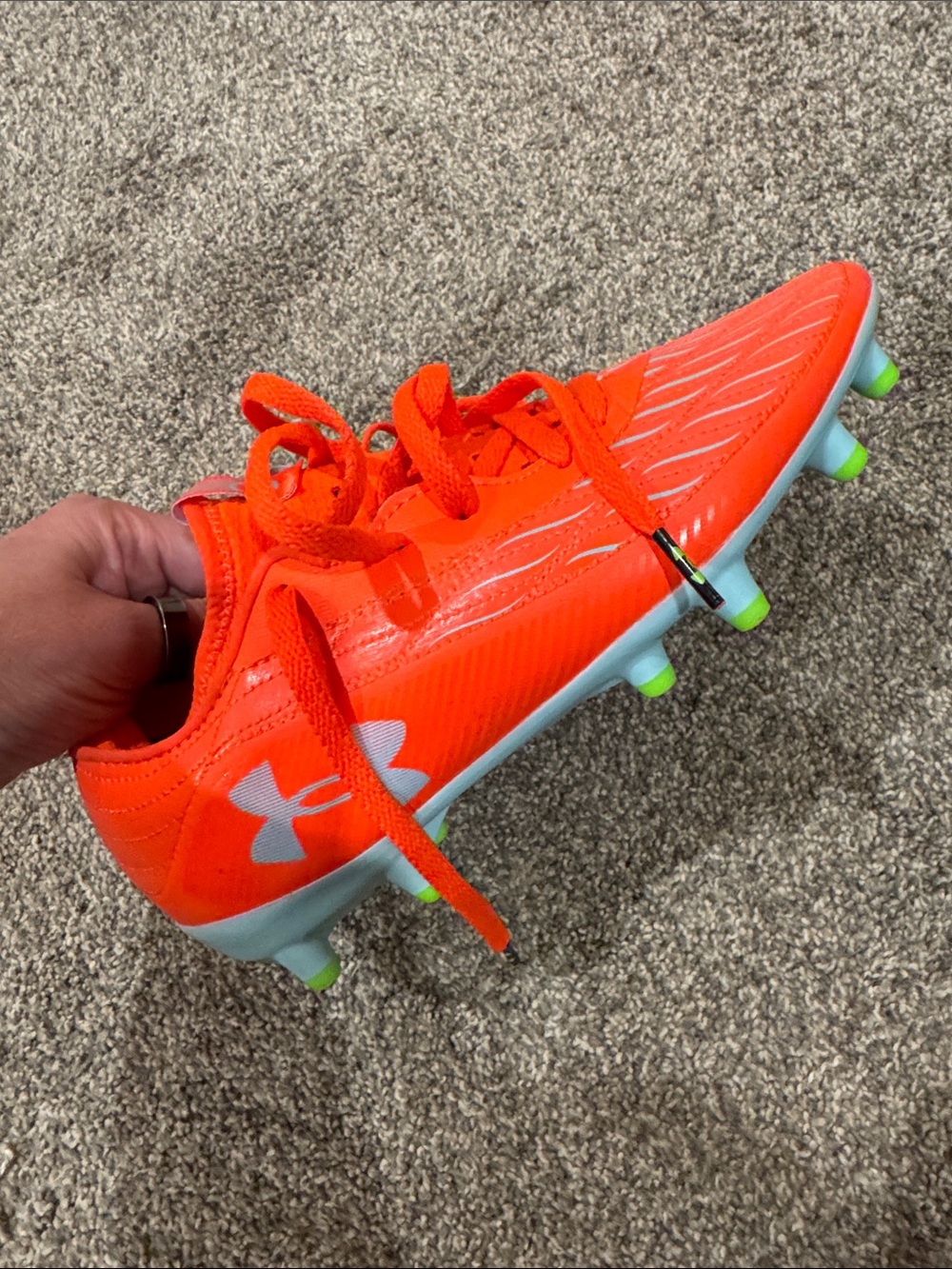 Size 4Y Under Armour Kids Bright Orange Soccer Cleats with gray Sole - NWOT